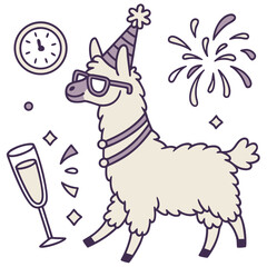 Cute SVG of a Content Llama in New Beginnings colors, featuring wearing glasses in a New Year's Eve/Day setting