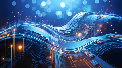 Abstract digital waveform of data flowing through futuristic glowing circuits and lights