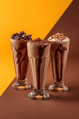 Three Chocolate Milkshakes with Toppings in Tall Glasses on Brown and Yellow Background Perfect Dessert Beverage Concept for Food Advertising