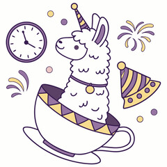 Charming SVG of a Happy Llama featuring in a teacup, styled in a New Year's Eve/Day theme with New Beginnings hues