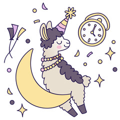 Cute SVG of a Cheerful Llama in New Beginnings colors, featuring sitting on a moon in a New Year's Eve/Day setting