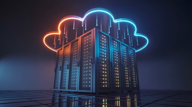Futuristic server rack building illuminated by vibrant neon cloud shape in a dark digital landscape