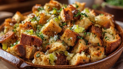 Homemade Thanksgiving stuffing with herbs and celery