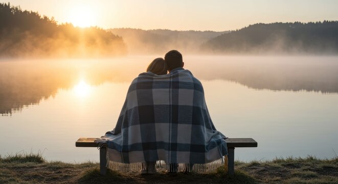 Cozy Couple Wrapped in Blanket Watching Misty Sunrise Over Lake