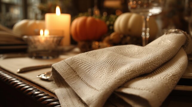 Cozy Thanksgiving dinner table setup with napkin and warm candlelight - Powered by Adobe