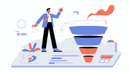 Businessman pointing upwards at a sales funnel diagram with charts and data visualizations representing business growth and strategy