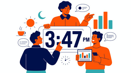 Team collaborating on a digital clock displaying 347 pm with charts and icons representing communication and time management