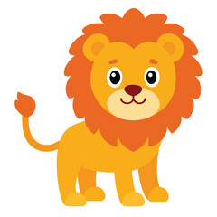 Cute lion cartoon character isolated on white background smiling with a fun and happy expression, featuring a big mane and playful pose