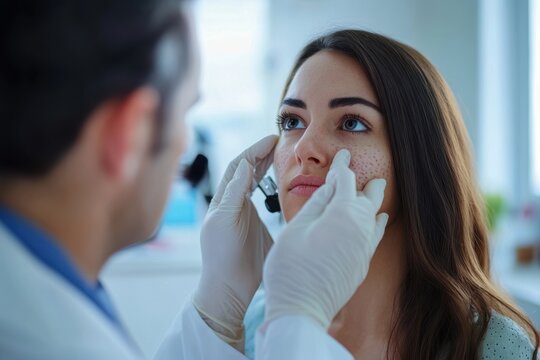 A dermatologist wearing white gloves closely examines a woman's face with specific skin marks during a professional medical checkup.