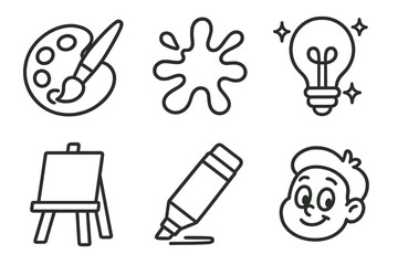 Creative art icons set featuring paint, brush, lightbulb, easel, marker, cartoon face