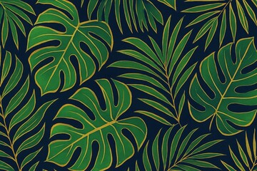 Tropical Leaf Pattern with Monstera and Palm Leaves on Dark Background