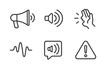 Set of communication and alert icons featuring sound and warning symbols