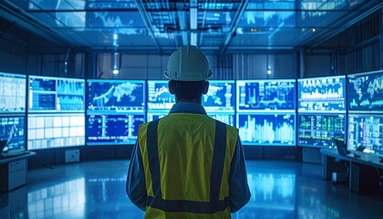 Renewable Energy Control Room Operator Monitoring Grid Data Screens