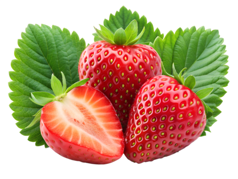  strawberries isolated on transparent white background full depth of field clipping path