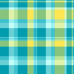 Colorful plaid pattern in shades of blue, green, and yellow. A seamless texture perfect for backgrounds, textiles, or fashion designs. Playful and versatile.