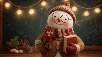 A cheerful snowman with glasses, wearing a red scarf and brown coat, holds a book. The background features warm lights and a festive atmosphere.