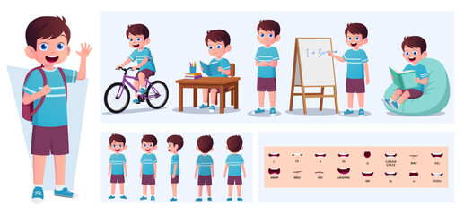 Cartoon Boy Character Constructor with Gestures, Emotions and Actions. School Child Front, side, Back View. Movable Body Parts for Animation and Lip-Sync Vector Illustration.