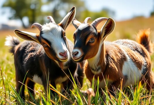 Two adorable pygmy goats cuddling in a sunny field, goats, cute