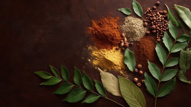 Vibrant array of aromatic spices and fresh green leaves artfully arranged on a rich, dark textured surface
