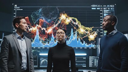 In a sleek office, a diverse team of professionals discusses complex data visualizations. Their collaboration showcases creativity as they explore trends. An engaging atmosphere fosters innovation. - Powered by Adobe