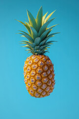 Fresh pineapple floating against a blue background in vibrant colors