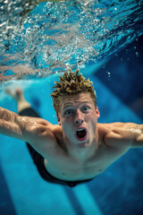 Young male swimmer performing underwater move in competitive swimming pool