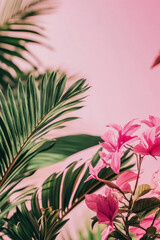 Tropical foliage with pink flowers against a pastel background in a bright setting