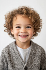 Smiling child with curly hair wearing a gray sweater, against a plain background