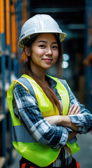 Confident woman in safety gear poses in a warehouse environment