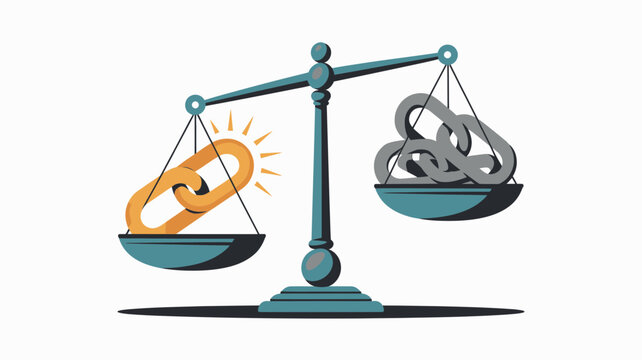 A balanced scale weighs a bright strong chain against a tangled weak chain symbolizing comparison of strength and quality