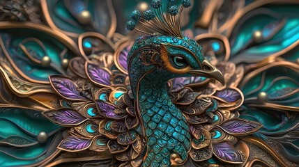 Vibrant peacock with intricate details in an artistic design, showcasing colorful feathers and elegant curves