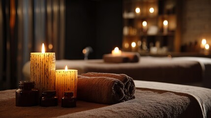 Warm, inviting spa ambiance with glowing candles, soft towels, and tranquil massage tables ready for relaxation and rejuvenation.