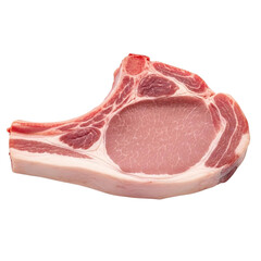 Fresh raw pork chop isolated on transparent background, top view studio shot
