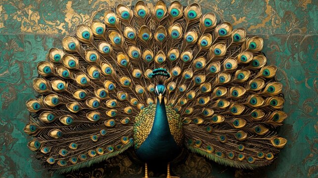 Magnificent peacock displaying vibrant feathers in an elegant indoor setting