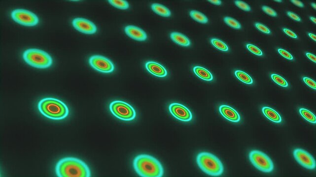 Teal, Green, Orange neon circles lights. Computer generated seamless loop absrtact background. 3D render seamless loop animation