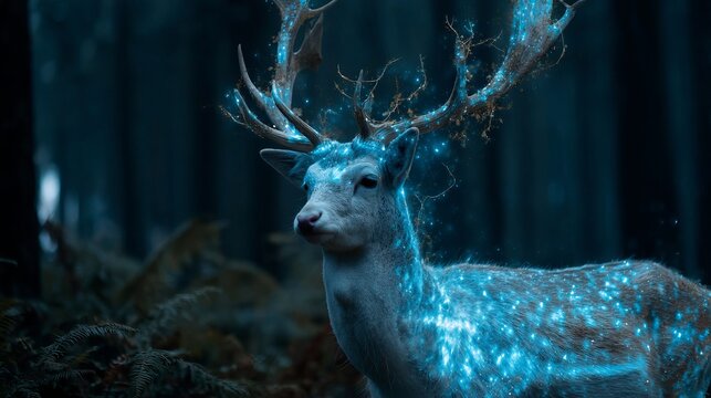 Enchanting white deer with glowing blue magical particles illuminates a mystical dark forest, evoking wonder and fantasy. - Powered by Adobe