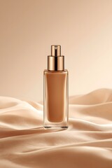 Naklejka premium Foundation Bottle with Pump on Satin Fabric Beige Background Luxury Cosmetic Product Display for Beauty Branding and Makeup Advertising