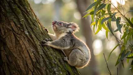 Obraz premium An adorable marsupial—such as a koala or sugar glider—clings tightly to the rough, textured bark of a eucalyptus tree trunk