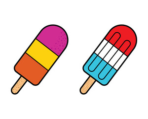 Two colorful popsicles pink, yellow, and orange stripes, red white and blue stripes