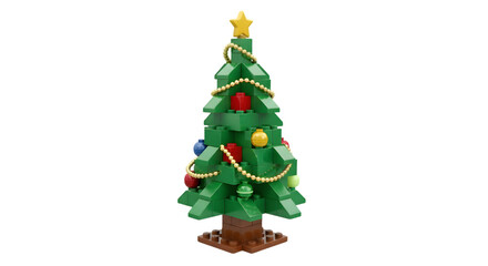 Fototapeta premium A festive green christmas tree made of lego bricks, adorned with colorful ornaments and a golden star, isolated on transparent background