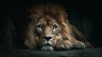 Obraz premium Majestic lion with striking amber eyes rests in shadowed darkness, embodying power and untamed wilderness