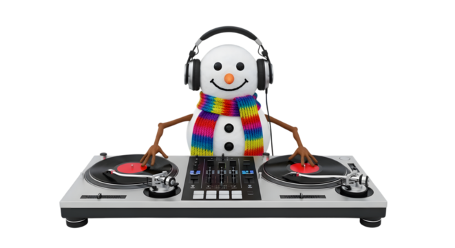 A cheerful snowman wearing headphones and a colorful scarf, djing with turntables and a mixer, isolated on transparent background - Powered by Adobe