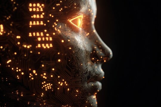 Human Mind & Technological Interface: A close-up shot showing a person's eye with intricate digital circuits overlaying the face.