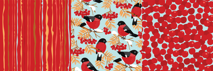Fototapeta premium Set of seamless patterns with bullfinches, red berries, and vertical jagged stripes. Cartoon objects in red, blue, yellow, brown and grey colors. Print on fabric and paper. Vector endless wallpaper.