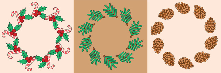Christmas frames with pine cones, spruce twig, candy cane with holly. Round shapes border set of objects with contours. Banners or posters template. Festive vector compositions for winter holidays.