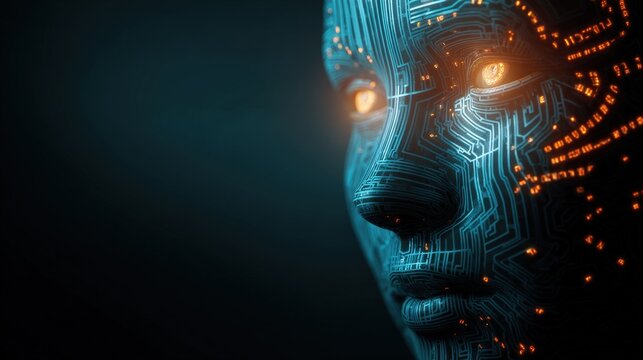 Human Mind & Technological Interface: A close-up shot showing a person's eye with intricate digital circuits overlaying the face.