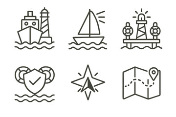 Nautical icons featuring ship, lighthouse, sailboat, pier, shield, compass, and map
