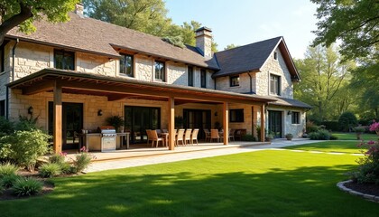 Obraz premium Luxurious stone house with large patio dining area and grill. Backyard lawn with trees, green grass, plants. Elegant country home perfect for summer relaxation and outdoor entertaining.