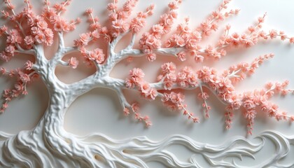Intricate 3D bas-relief wall art features white tree with delicate pink peach blossoms. Detailed sculpture shows branches and roots flowing organically on pale background. Elegant floral design.