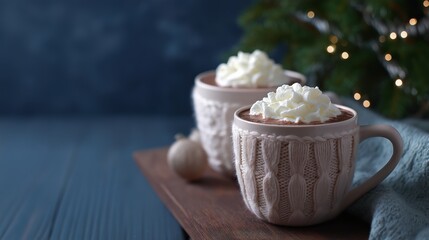 Holiday scene with hot drink cups and evergreen decor, creating a cozy atmosphere with copy space